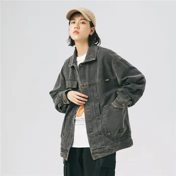 džínsové bundy šedá streetwear umyté hip hop mens klasicky punk rock list tlačidlo tlačiť multi-vrecko nadrozmerná bunda topy