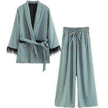 2023 Nový Príchod Modrej Vytlačené Kimono Bunda s Pierko Rukávy Širokú Nohu, Voľné Cuasal Nohavice Ženy, Vintage Oblečenie, Obleky