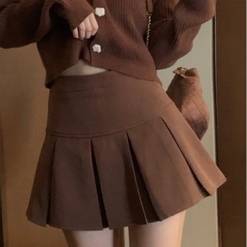 HOUZHOU Vintage Brown Skladaná Sukňa Ženy Jar roku 2022 kórejský Štýl Y2K Vysoký v strede zúžený A-line Mini Sukne Preppy Štýl Dievčatá Príčinné