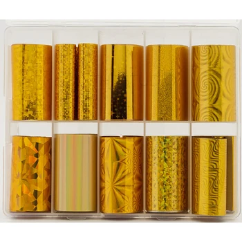 10Rolls/Box Laser Gold Nail Art Fólie Nastavte Kúzlo Gradient Zlato Prenos Zábaly Nálepky 4*100 cm DIY Manikúra Dizajn Obtlačky -88H&*&