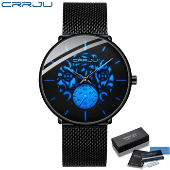 Muži Sledujte Fashion CRRJU 2021 pánske Modré Ultra-tenké Oka Popruh Náramkové hodinky Retro Duté Kvet v Pohode Bežné Nepremokavé Muži Hodinky