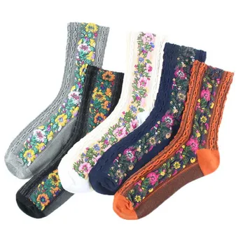 1Pairs Vintage Etnických Kvet Bavlnené Ponožky Jar Ženy Farebné Kvetinové Pohodlné Lady Calcetines Harajuku Girls Jeseň