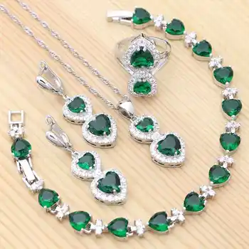 925 Silver Šperky Sady Pre Ženy, Party Doplnky, Prírodné Zelené Srdce Cubic Zirconia Náhrdelník/Náušnice/Prívesok/Krúžok/Náramok