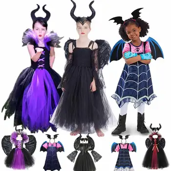 Rozprávky Darebák Kostýmy pre Dievčatá 2-14Y zlá Kráľovná Oka Tutu Šaty Black Magic Deti Halloween Čarodejnice Zamaskovať Upír Oblečenie