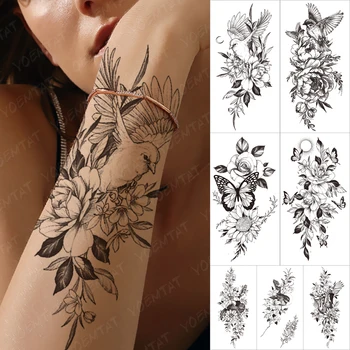 Nepremokavé Dočasné Rukáv Tatooo Nálepky Vták Krídla Mesiac Kvet, List Maľované Arm Tattoo Muž Ženy Body Art Falošné Tetovanie Čierne
