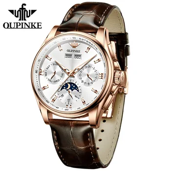 OUPINKE Luxusné Muž Automatické Hodinky Mechanické Nepremokavé Sapphire Sledovať Kožený Remienok Fázy Mesiaca Náramkové hodinky pre Mužov Hodiny