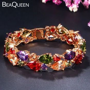 BeaQueen Veľké Široké Svadobné Náramky, Prívesky Dubaj Zlatá Farba, Viacfarebná Kvapka Vody CZ Kameň Betónová Ženy Strane Šperky B162