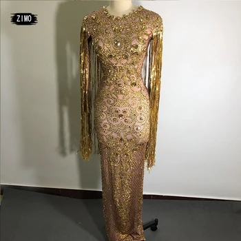 luxusný zlatý Strapec sequin šaty ženy, svadobné Party Narodeniny Večer Kamienkami Šaty tlač Stage festivalu oblečenie drag queen