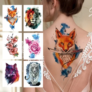 Šikovný Fox Lev Dočasné Tetovanie Pre Ženy, Mužov Dospelých Vody Farba 3D Kvet Tetovanie Nálepky Vlk Falošné Tiger Späť Tatoos Dekor