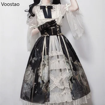 Viktoriánskej Vintage Gothic Lolita Šaty Sady Ženy Elegantná, Chic Čipky Oka Luk Košele Motýľ Tlače, Sukne Vyhovovali Sladká Princezná Nastaviť