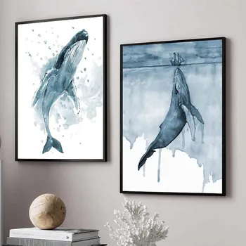 Akvarel Veľryba Zvierat Plagát Abstraktné Modrý Oceán Krajiny Plátno Na Maľovanie Cuadros Wall Art Obrázky Nordic Obývacia Izba Dekor