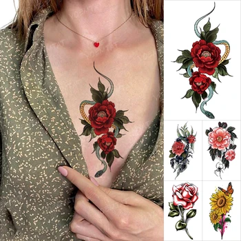 Sexy Kvet Had Akvarel Dočasné Tetovanie Nálepky Ženy Hrudníka Zápästie Scorpion Ruže, Pivónia Flash Tatto Body Art Malé Tetovanie Mužov