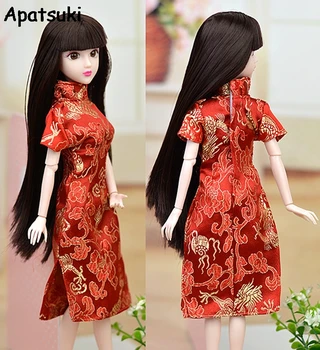 Kvalitný Červený Kvet Ručné Šaty Pre Bábiku Barbie Oblečenie Cheongsam Čínske Tradičné Šaty Vestido Qipao Večerné Šaty